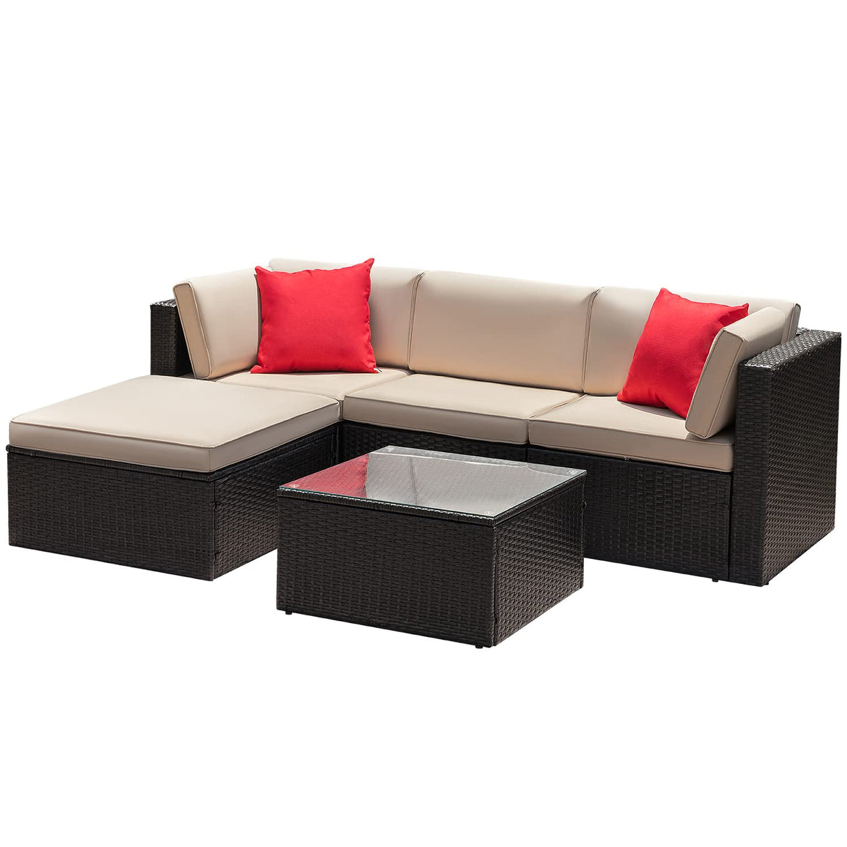 5 Piece Patio Furniture Set Wicker Outdoor Sectional Sofa with Thick Cushions