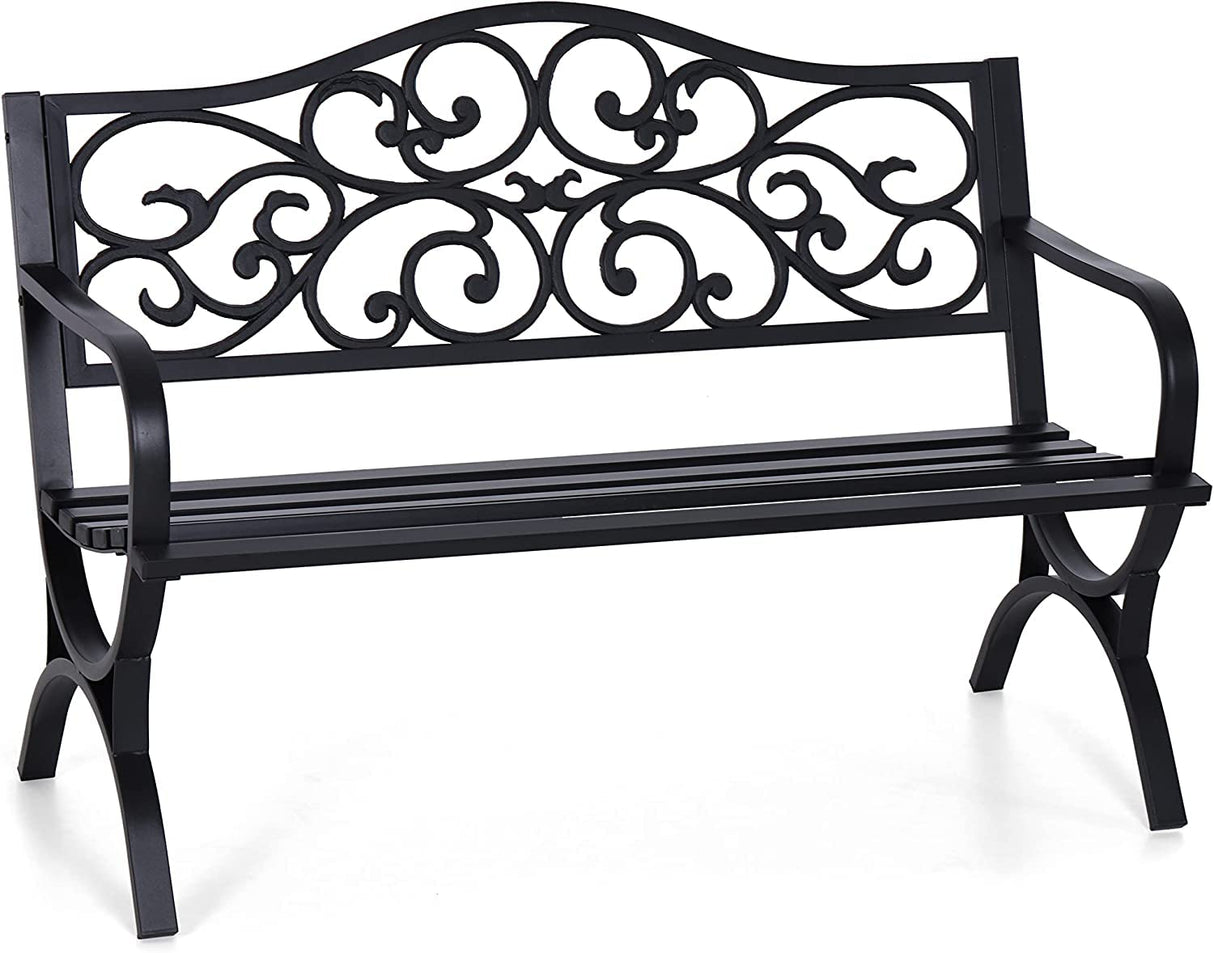 50-Inch Cast Iron Steel Frame Garden Bench Outdoor Chair w/Floral