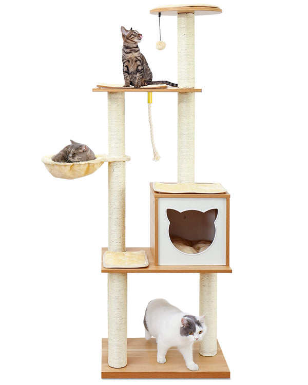 Cat Tree for Indoor Cats Modern Cat Tower 65" Tall Wood Kitten Condo with Hammock