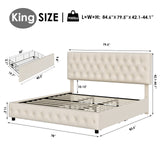 Modern Upholstered Bed Frame with 4 Storage Drawers, Button Tufted Headboard Design