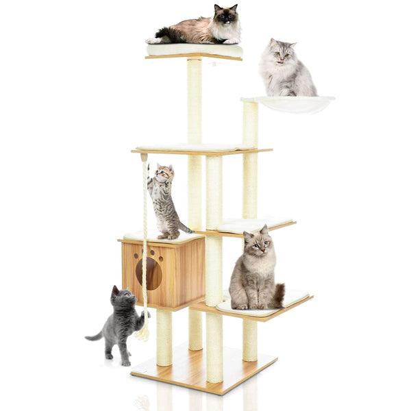 69-Inch Large Cat Tree Tower for Indoor Cats, Modern Wood Multi-Level Cat Climbing
