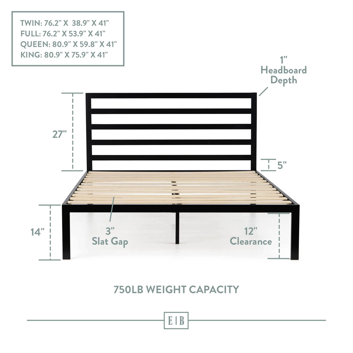 Cassidy Metal Platform Bed Frame with Metal Headboard - Box Spring Not Required