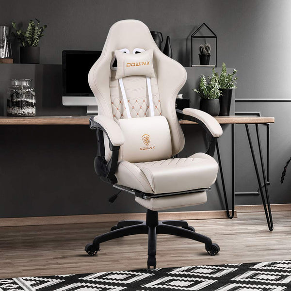 Gaming Chair Office Desk Chair with Massage Lumbar Support, Vintage Style Armchair PU Leather E-Sports Gamer Chairs with Retractable Footrest (Ivory)