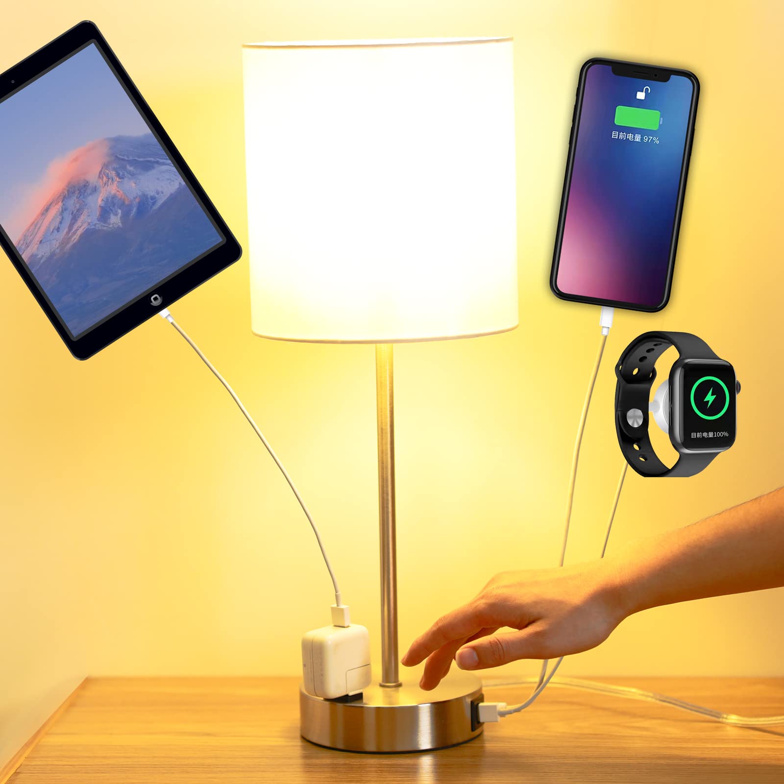 Bedside Lamps Set 2, 3 Way Full Dimming lamp with USB Ports
