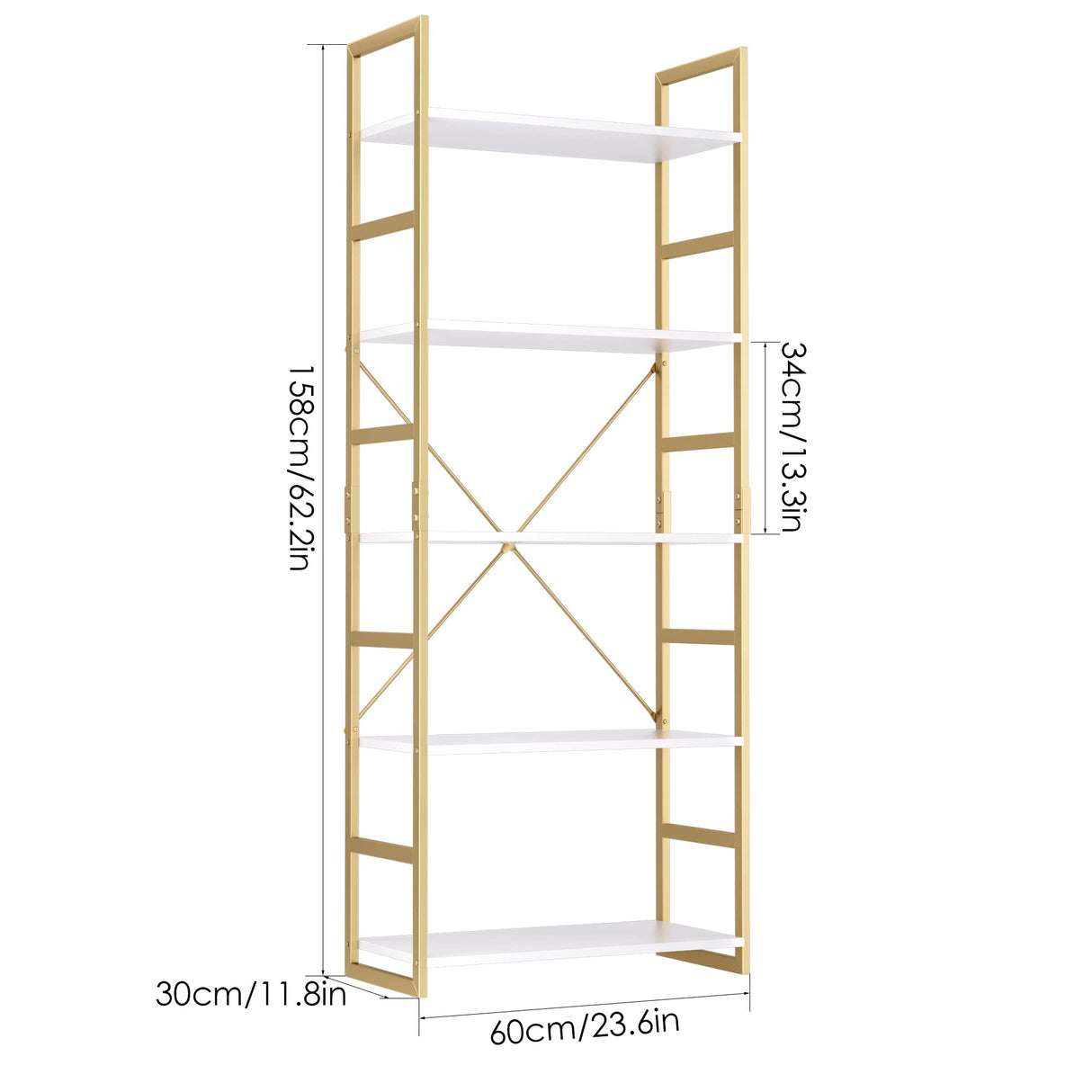 Industrial Gold Bookcase with Metal Frame, Modern Display Shelves