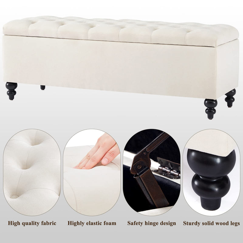 Storage Ottoman 50.2 Inches Upholstered Fabric Storage Ottoman Bench，Button Tufted Ottoman with Storage for Living Room，Bedroom End of Bed Bench Withstands 304lbs (Ivory)