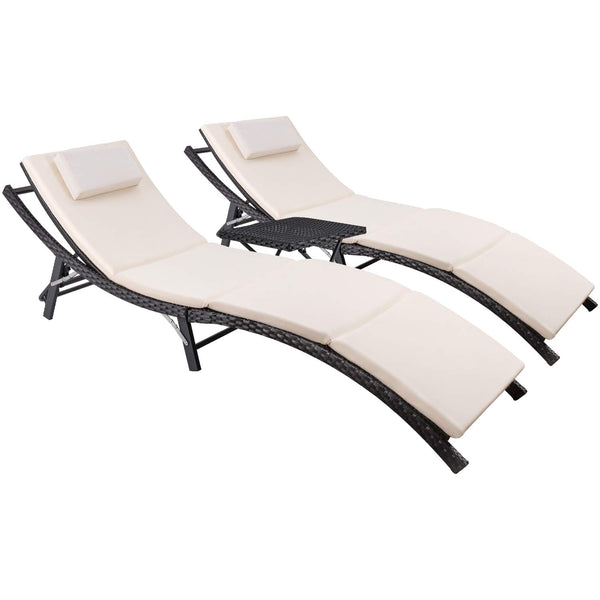 Patio Chaise Lounge Sets Outdoor Rattan Adjustable Back 3 Pieces Cushioned Patio Folding Chaise Lounge