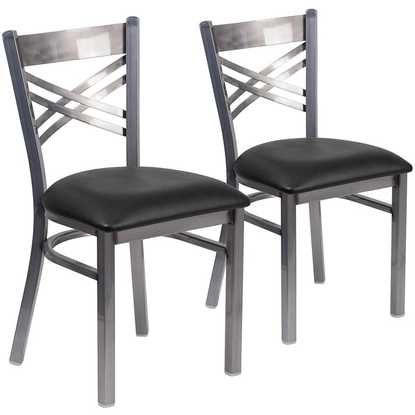 2 Pack HERCULES Series Clear Coated ''X'' Back Metal Restaurant Chair - Black Vinyl Seat