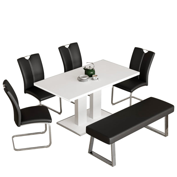 59 in Wooden Dining Table Set, 2 PU Leather Chairs and L Shaped Bench