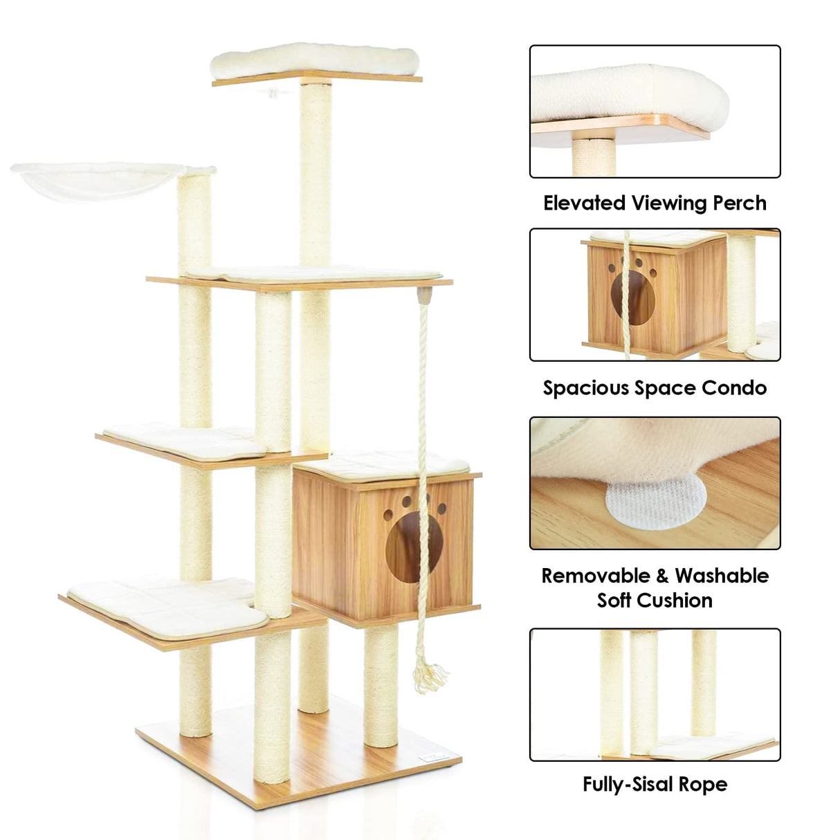 69-Inch Large Cat Tree Tower for Indoor Cats, Modern Wood Multi-Level Cat Climbing