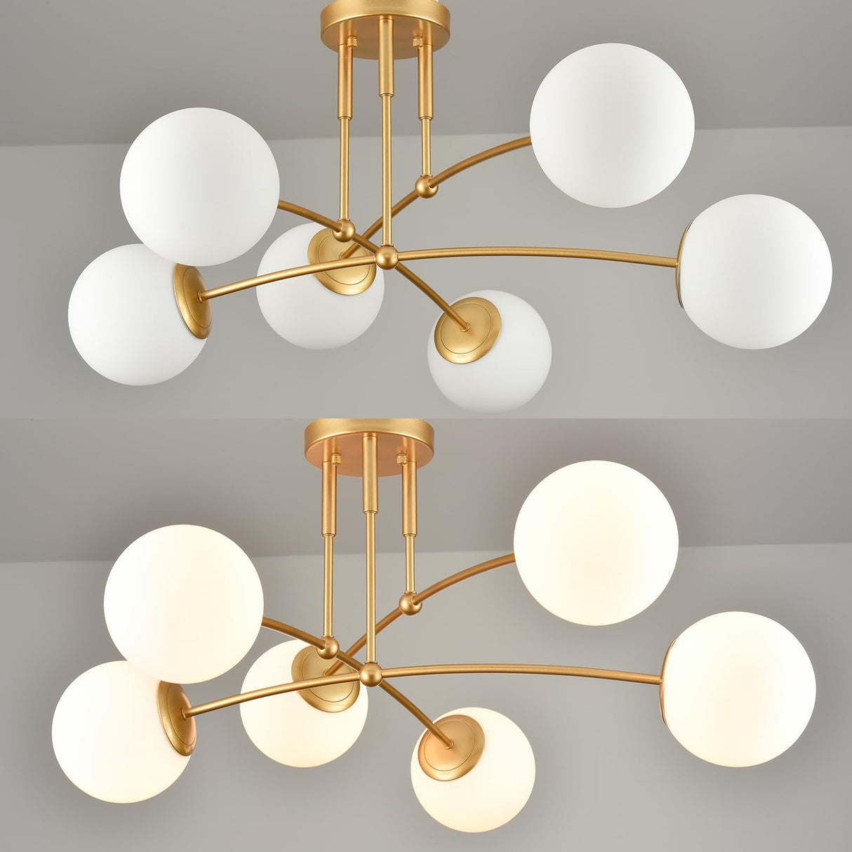 Mid Century Gold Ceiling Light Semi Flush Mount Opal Globe