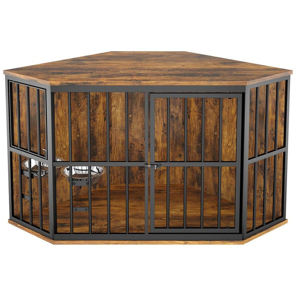 53 inch Furniture Dog Crate Corner, Dog Kennel Corner Wooden End Table with Bowl