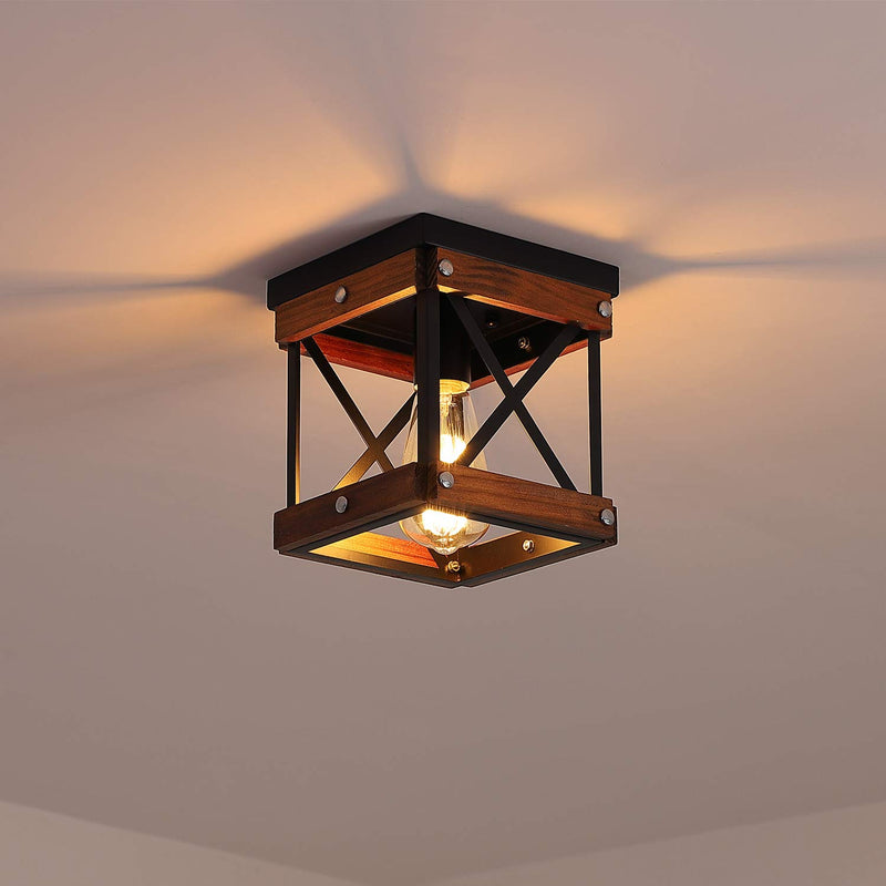 Rustic Farmhouse Flush Mount Ceiling Light 1-Light Metal and Wood Cage Mini Semi Flush Mount Light Fixture