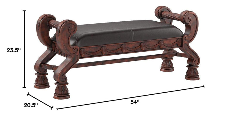 North Shore Ornate Faux Leather Upholstered Bedroom Bench, Dark Brown