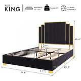 King Size Bed Frame and 65" Headboard, Upholstered Bed with Golden Plating Trim