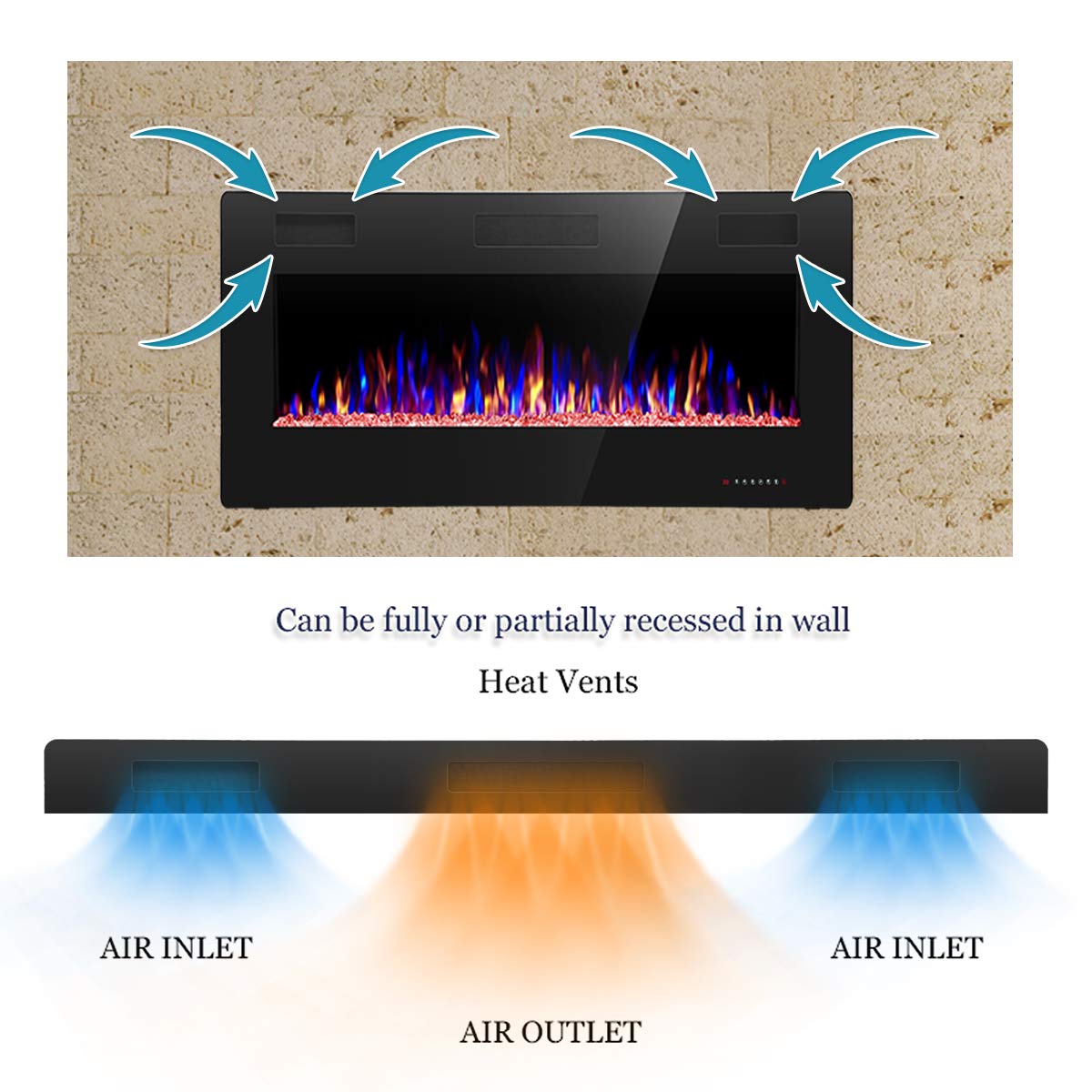 36 inch Recessed and Wall Mounted Electric Fireplace