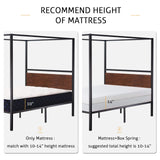 Full Size Metal Canopy Bed Frame with Wooden Headboard, 4-Poster