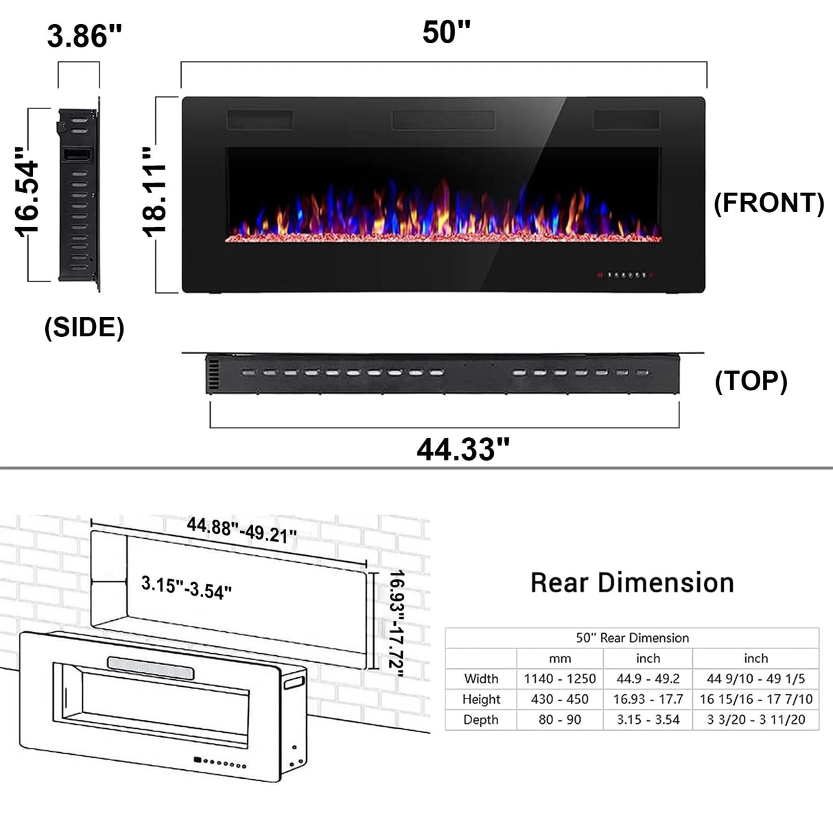 50 inch Electric Fireplace Inserts  in Wall Recessed and Wall Mounted