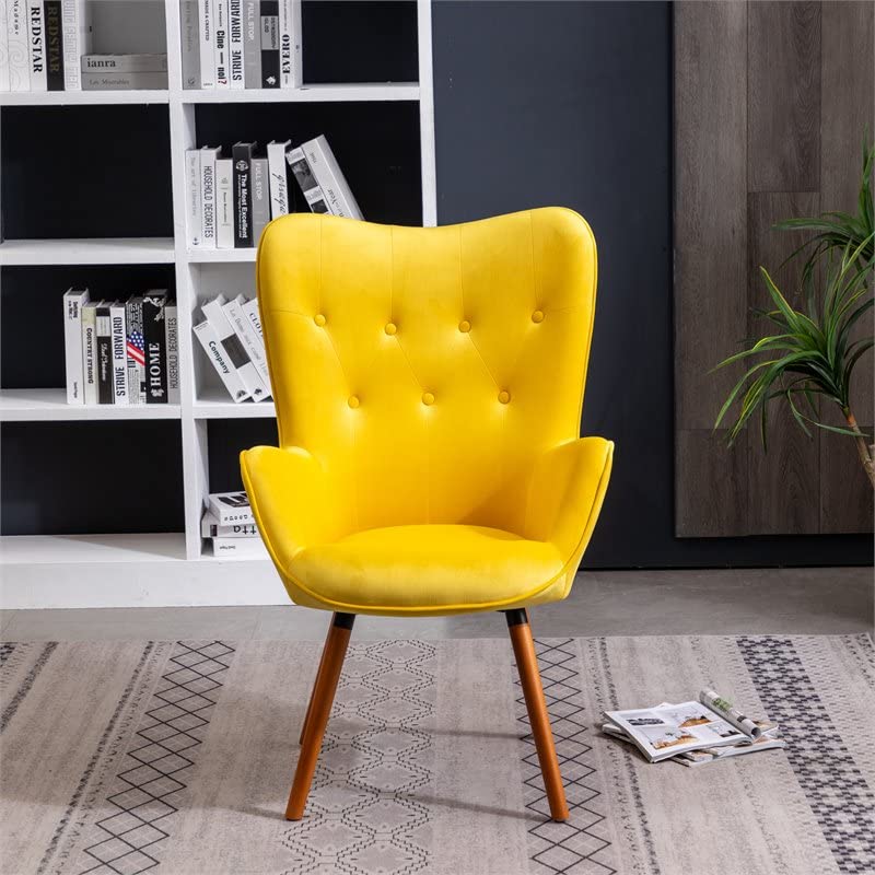 AC155YL Doarnin Silky Velvet Tufted Button Accent Chair, Yellow 30D x 41.5W x 26.8H in