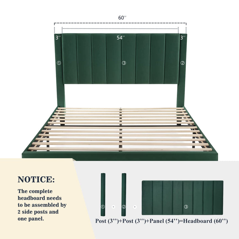 Queen Bed Frame/Velvet Upholstered Bed Frame with Vertical Channel Tufted Headboard