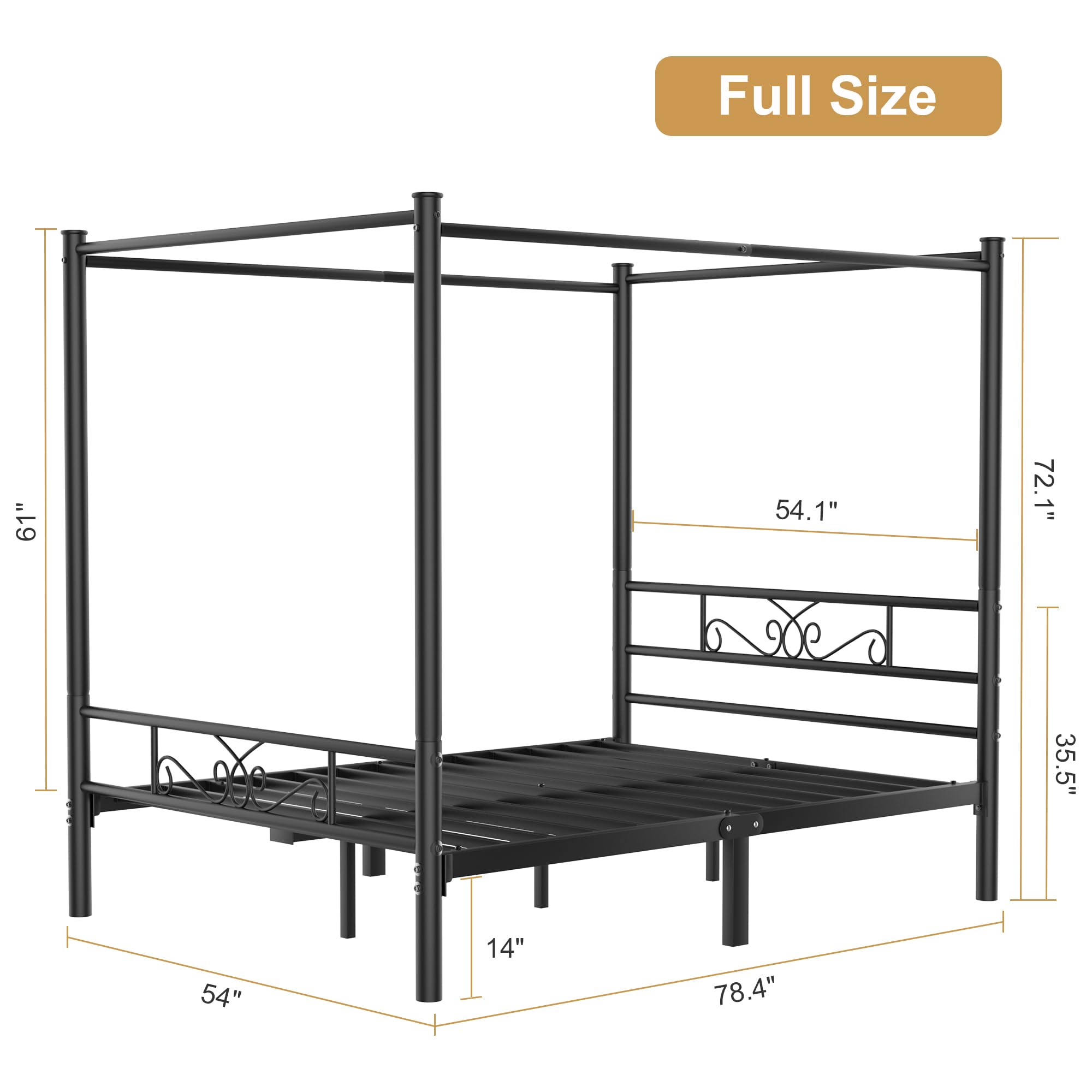 Metal Canopy Bed Frame Full Size, Four-Poster Canopied Platform Bed with Headboard