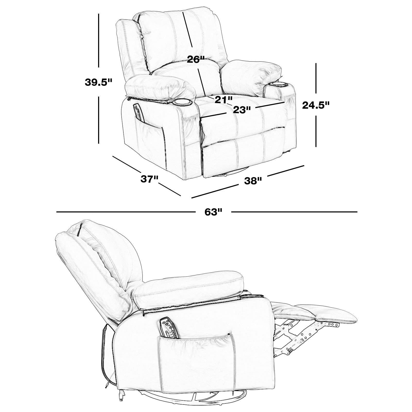 TheraComfort Heated Leather Recliner – Power Rocker with Massage & Swivel