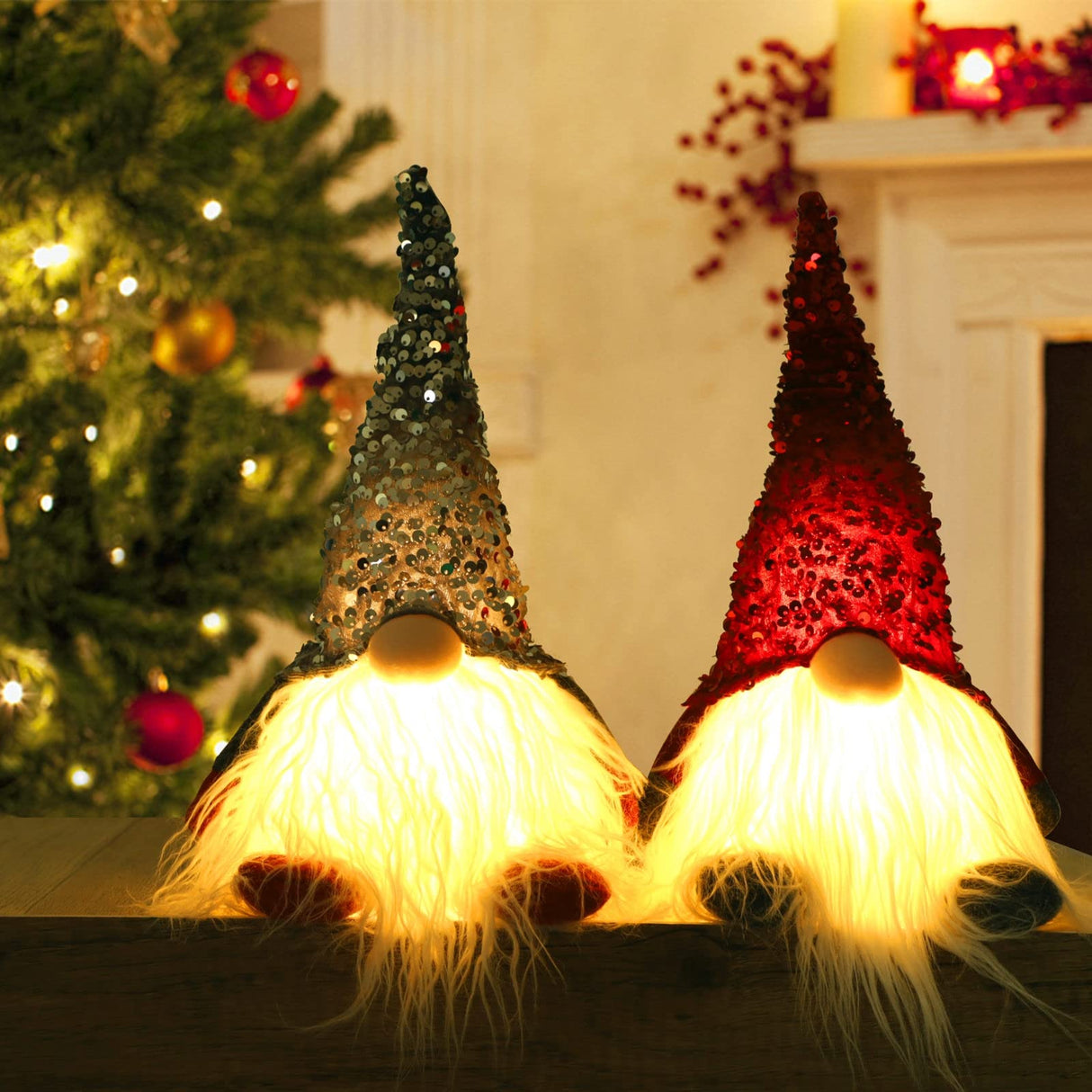 12" Lighted Christmas Gnome, Handmade Sequins Hat