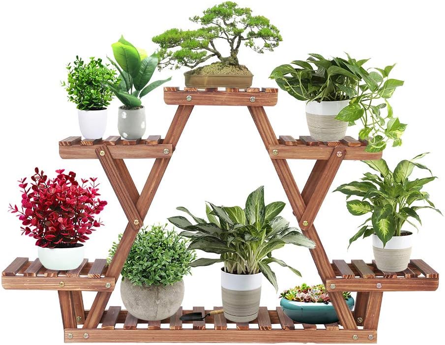 TriStand 3-Tier Wooden Plant Stand – Carbonized Pine Wood Display Shelf