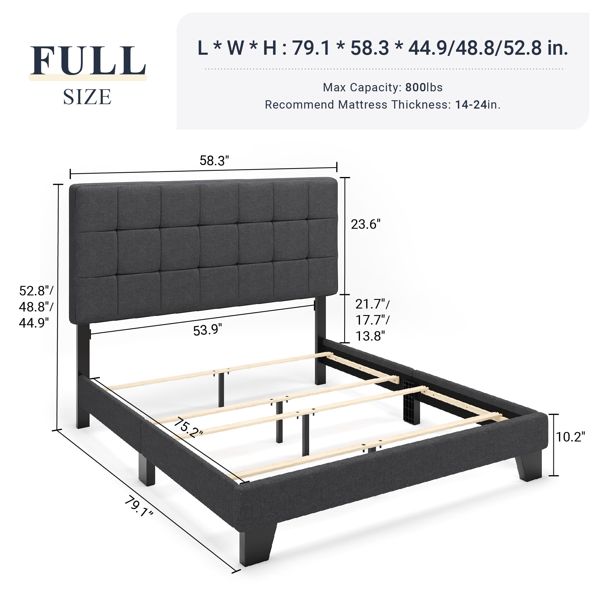 Full Size Panel Bed Frame with Adjustable Headboard for High Profile