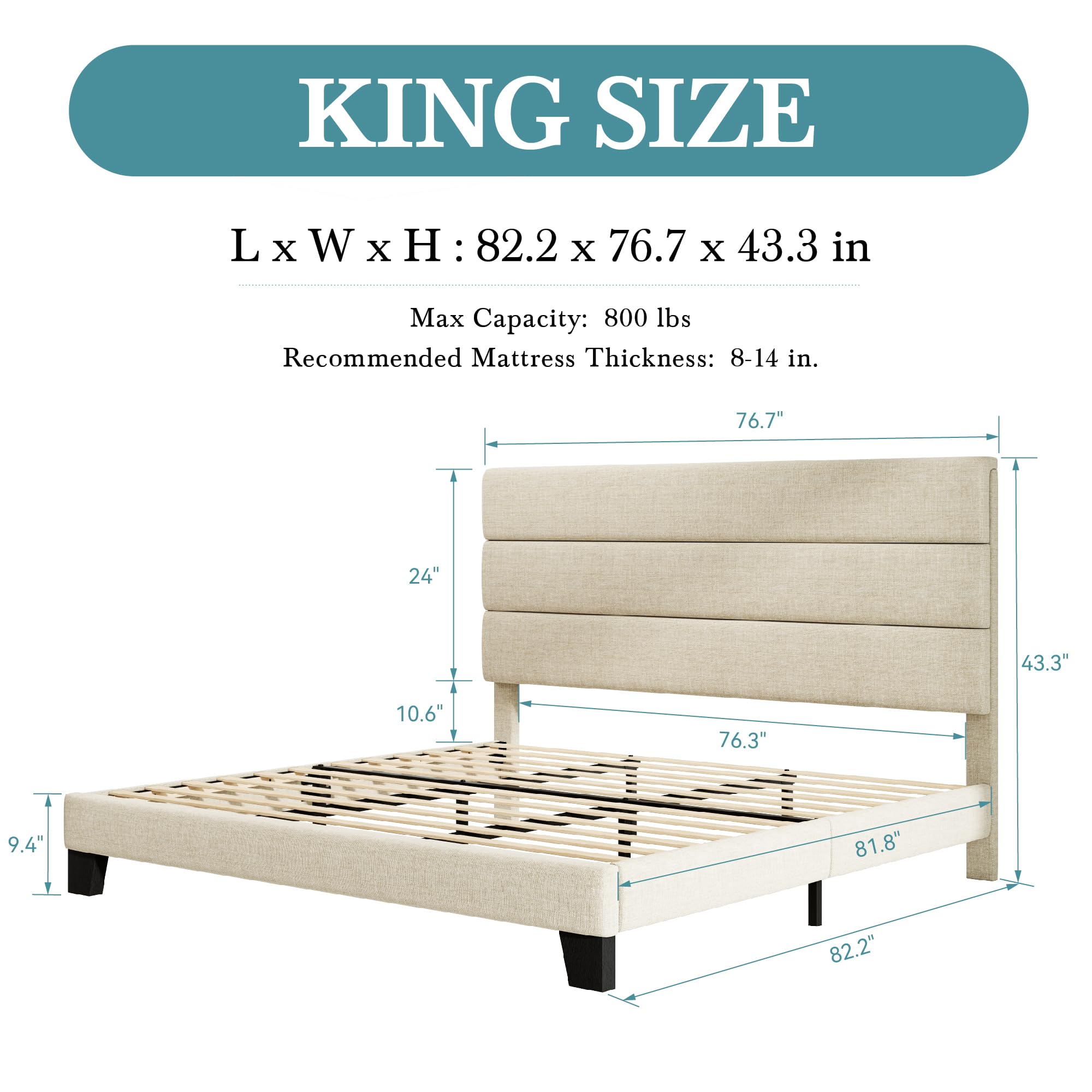 King Size Bed Frame with Headboard, Fabric Upholstered Platform Bed