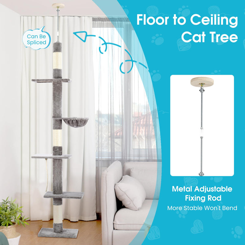 Cat Tree 5-Tier Floor to Ceiling Cat Tower with Cozy Hammock, 89-109 Inch Adjustable Height