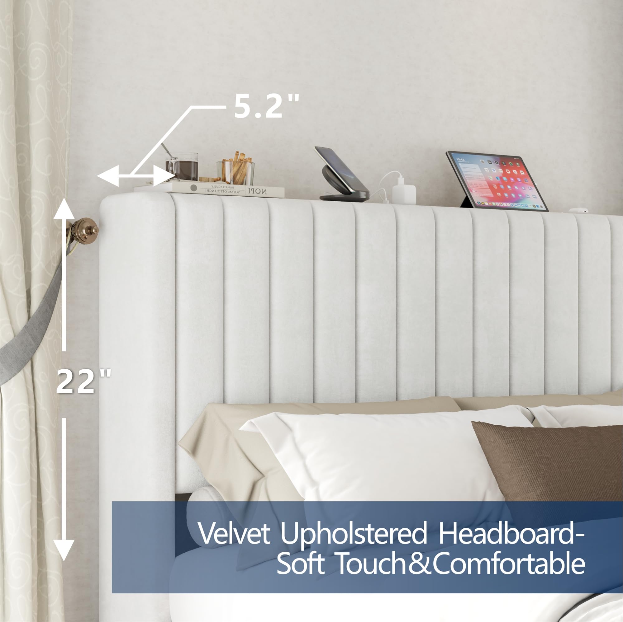 Queen Size Bed Frame, Velvet Upholstered Platform Bed