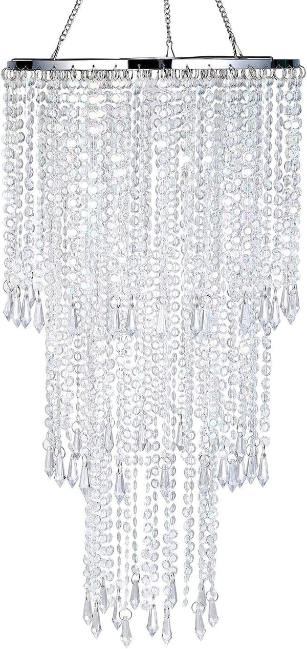 Modern Chrome Beaded Hanging Chandelier (W10.25 x H20”)，3 Tiers Beads Pendant Shade