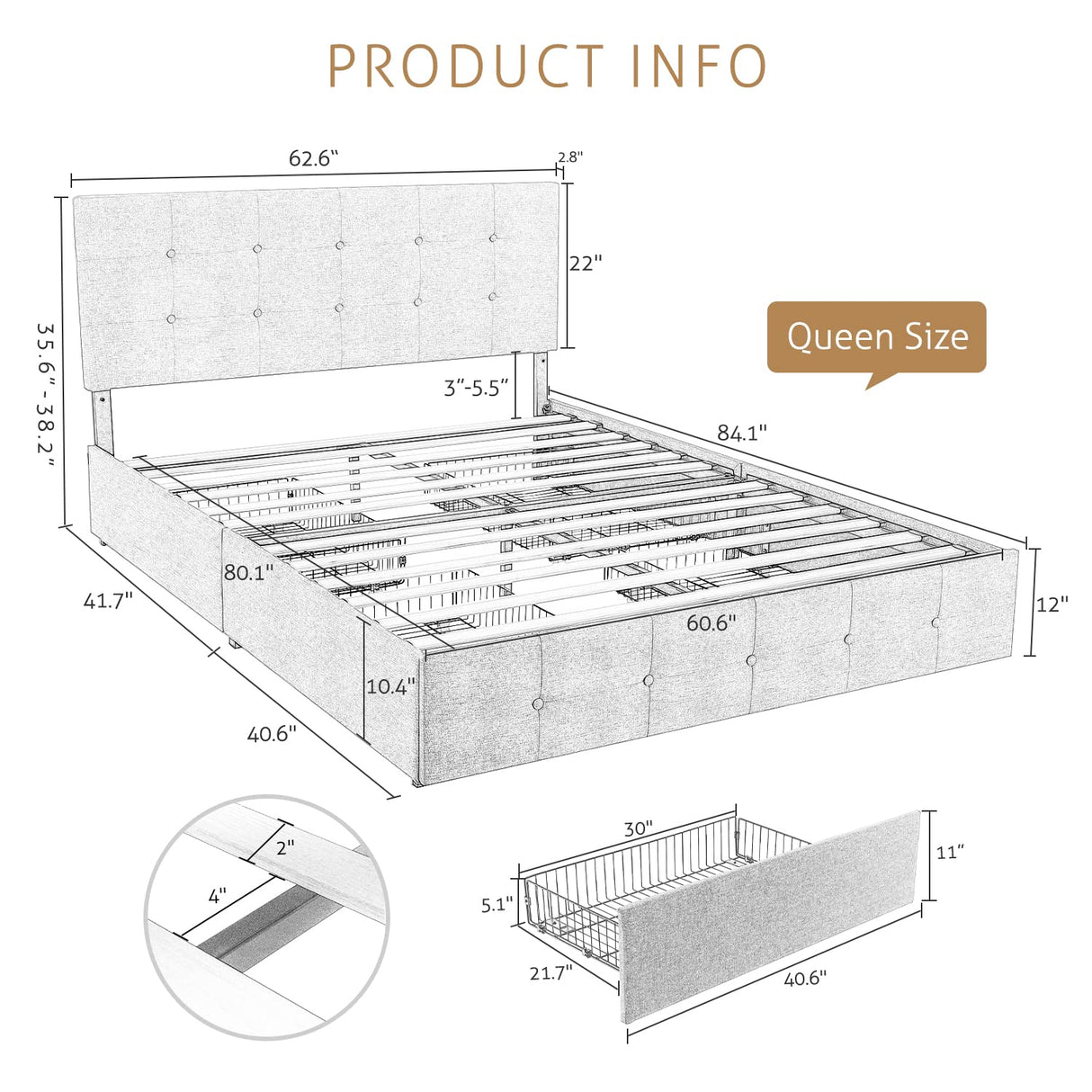 Upholstered Queen Platform Bed Frame with Adjustable Headboard and 4 Drawers Under