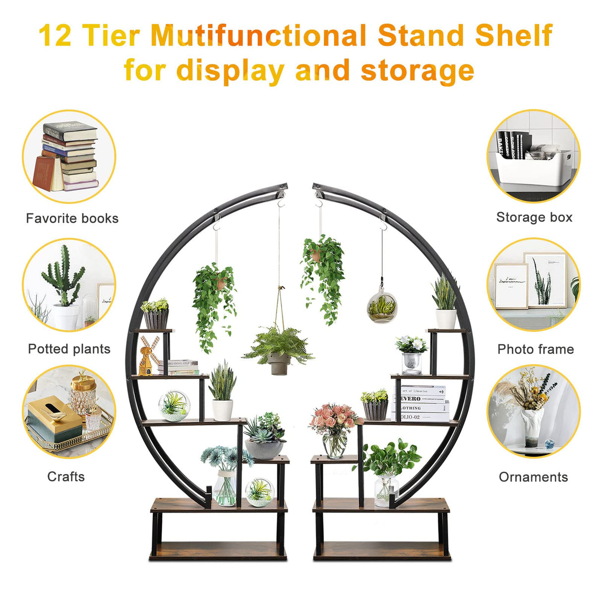 2 Pcs 6 Tier Tall Metal Indoor Plant Stand Half-Moon-Shaped Plant Shelf Holder