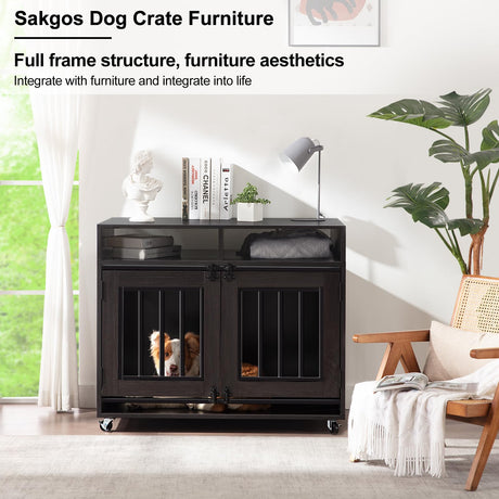 Dog Crate Furniture, Wooden Dog Crate Table, Decorative Dog Kennel with 2 Drawers