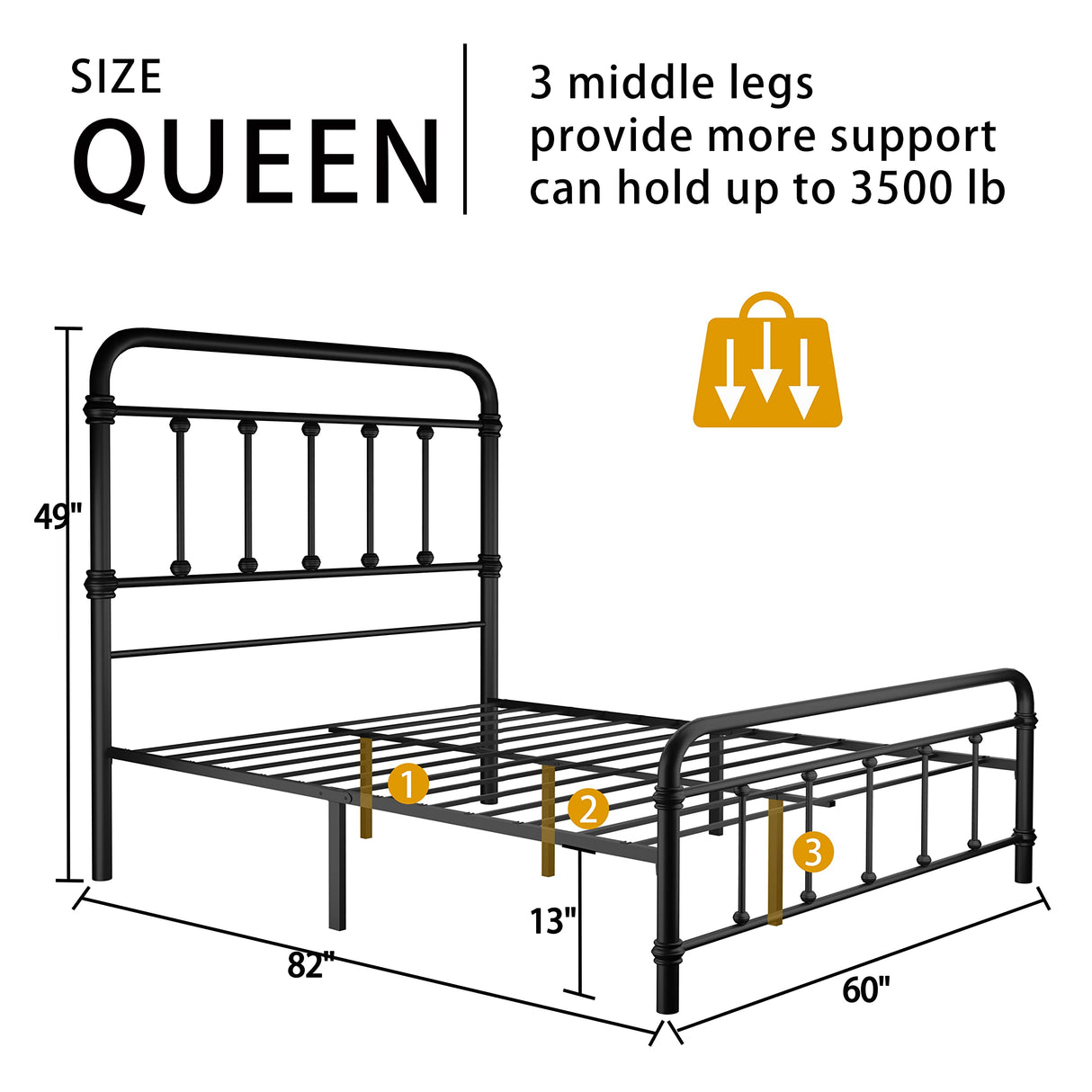 Queen-Bed-Frame-Metal Platform Bed Frame with 49" High-Headboard - Solid Quite Easy