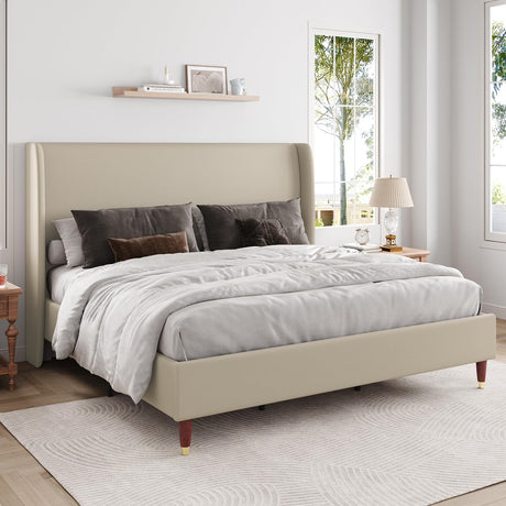 Queen Bed Frame Upholstered Bed 51.2" High Platform Bed with Wingback Headboard