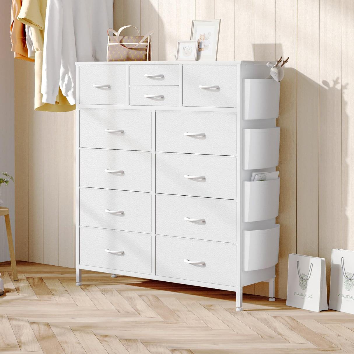 Chest of Drawers for Bedroom, PU Dresser Drawers with Side Pockets