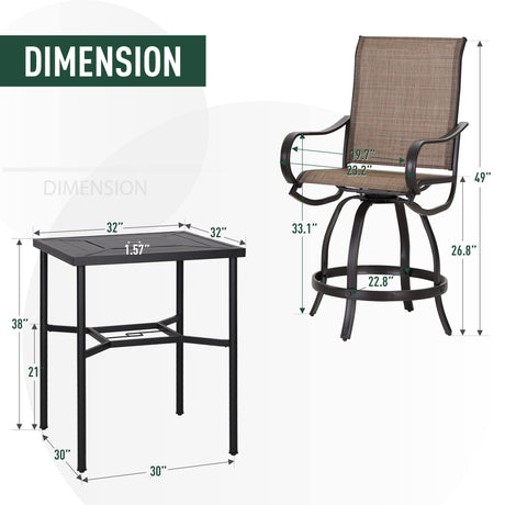 3PCS Patio Bar Set with Metal Bar Height Table