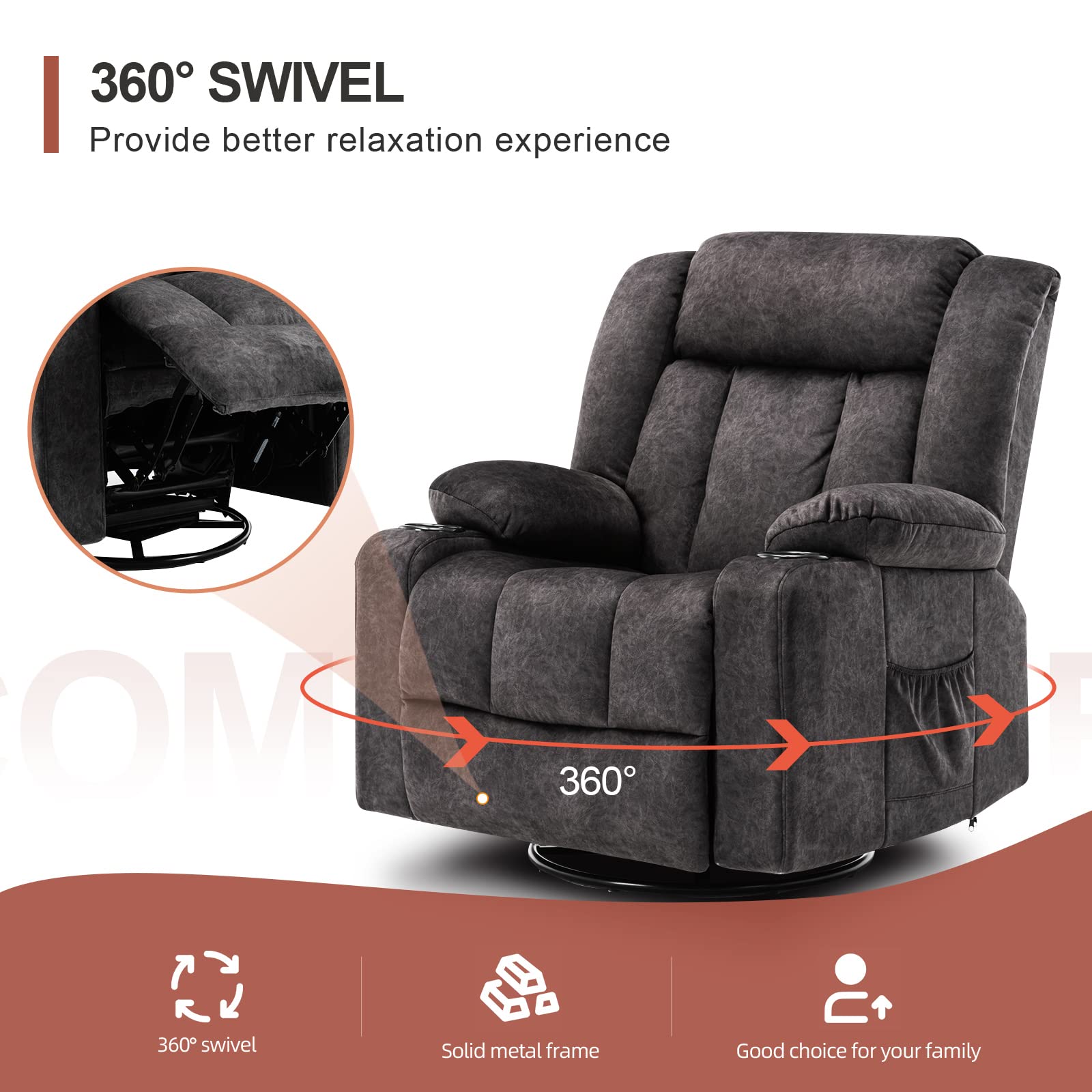 ComforaGlide Swivel Rocker Recliner – Heated Massage & Overstuffed Comfort