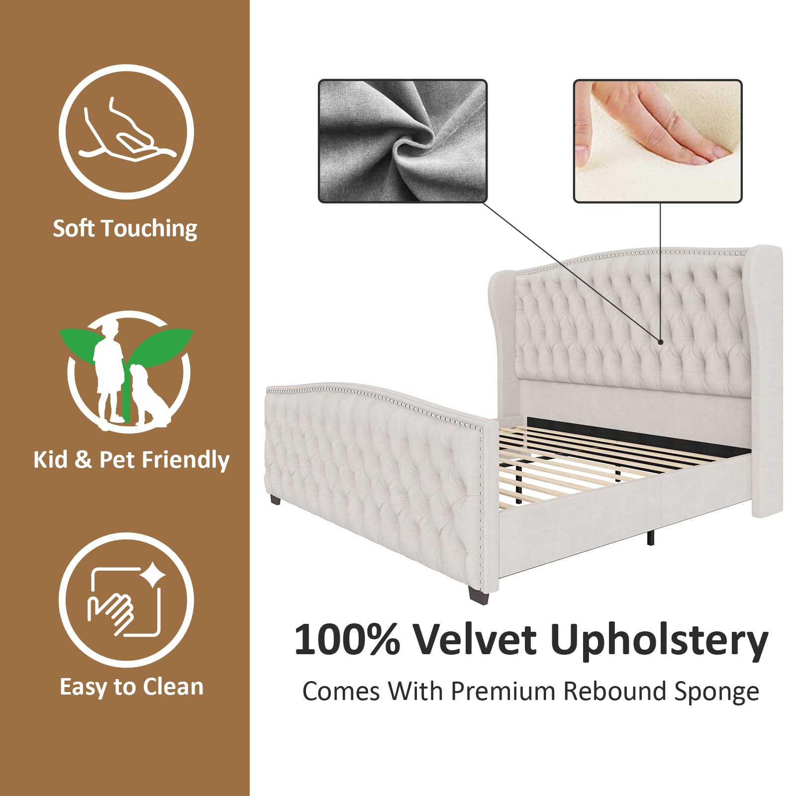 Luxury Velvet Upholstered Platform Bed, Tufted Wingback Headboard