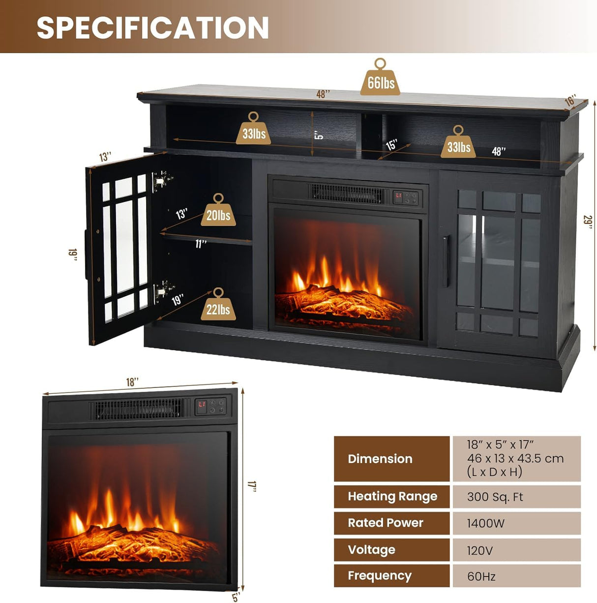 Modern 48 Inch Electric Fireplace TV Stand