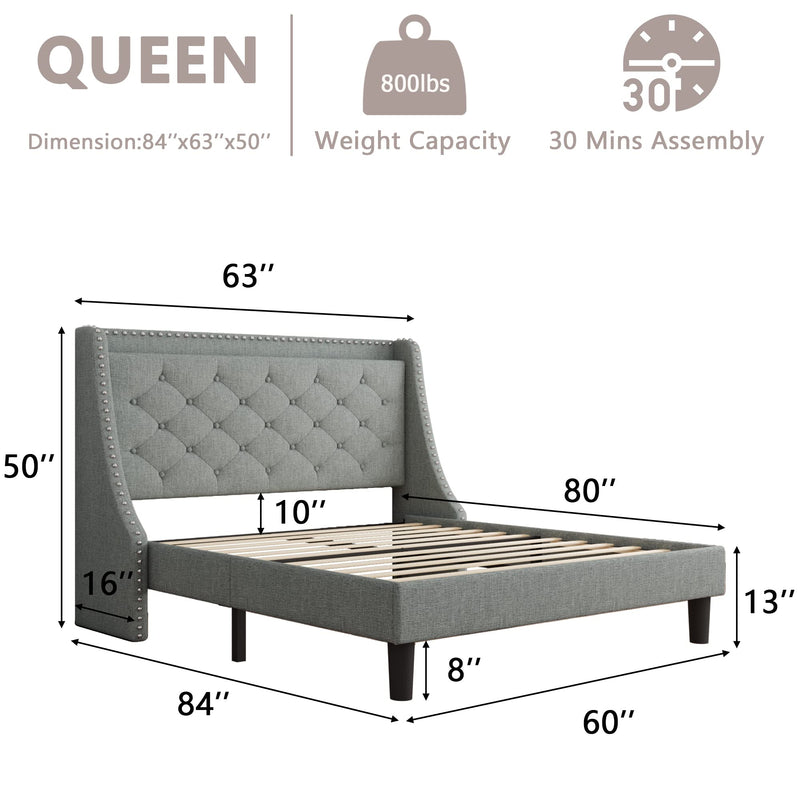 Queen Bed Frame with Wingback & 4" Storage Shelf, Upholstered Platform Bed