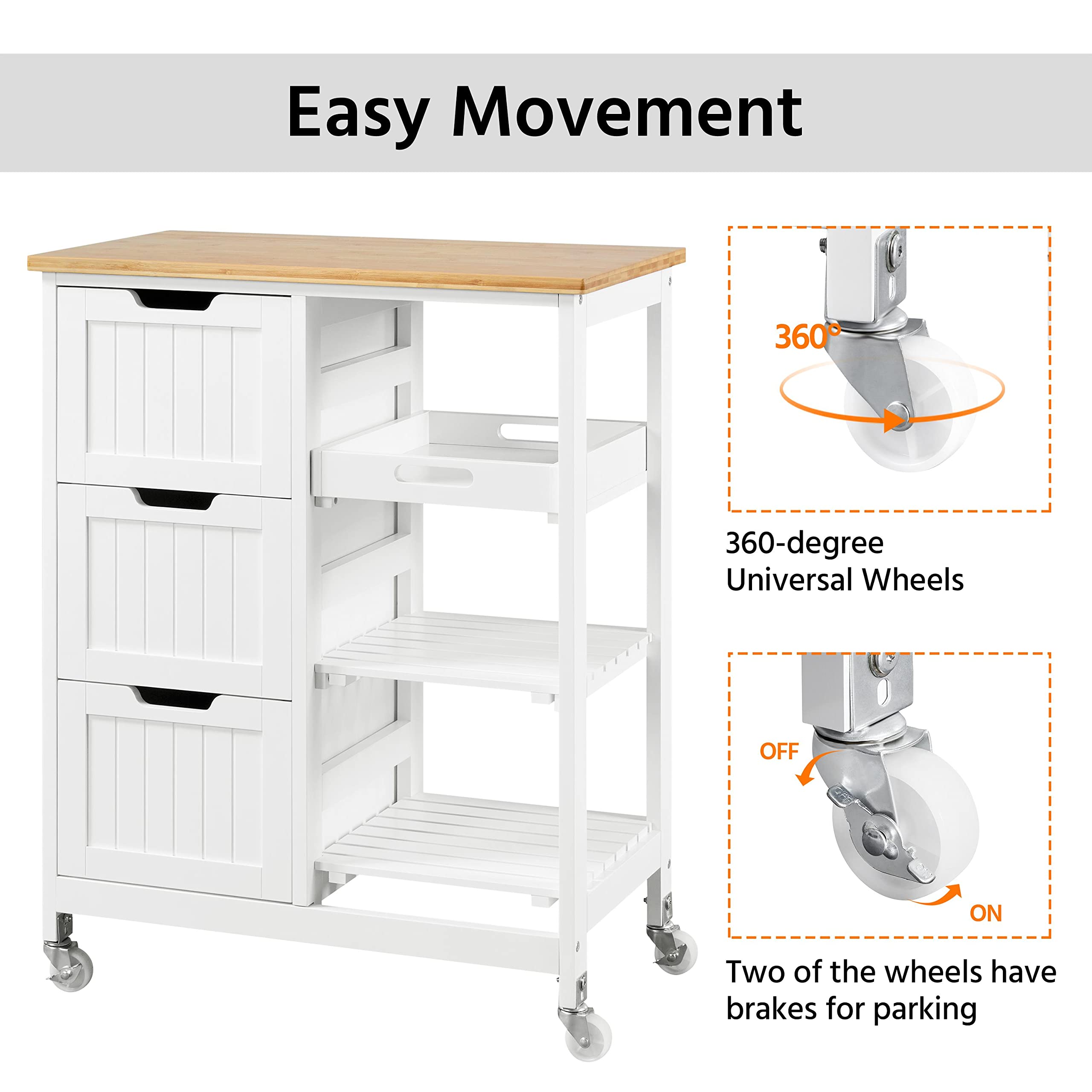 Kitchen Island Cart on Wheels with 3 Drawers and 3 Open Shelves