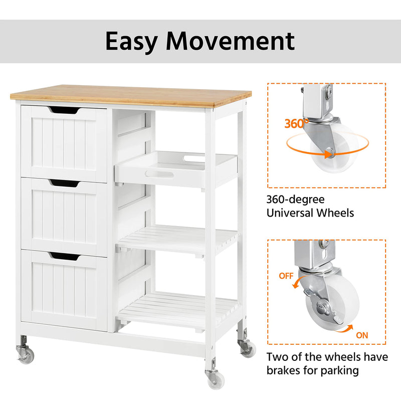 Kitchen Island Cart on Wheels with 3 Drawers and 3 Open Shelves, Rolling Kitchen Island