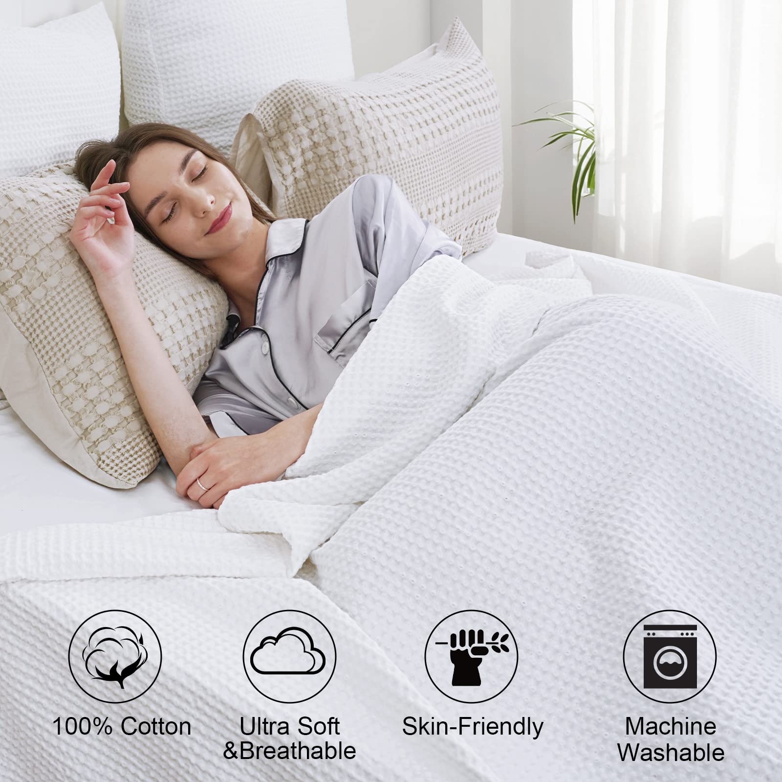 100% Cotton Waffle Weave Blanket King Size 104" x 90"-Lightweight Washed Soft
