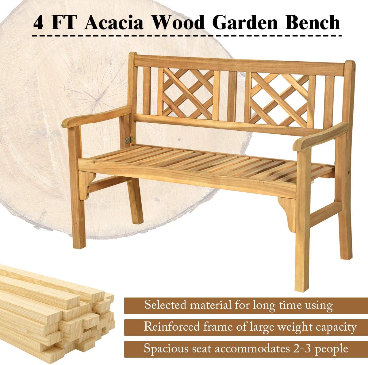 Patio Wooden Bench, 4 Ft Foldable Bench, Two Person Loveseat Chair