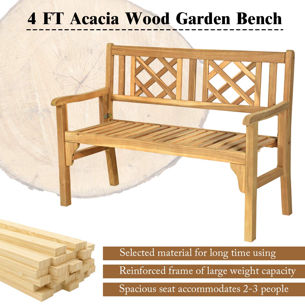 Patio Wooden Bench, 4 Ft Foldable Bench, Two Person Loveseat Chair