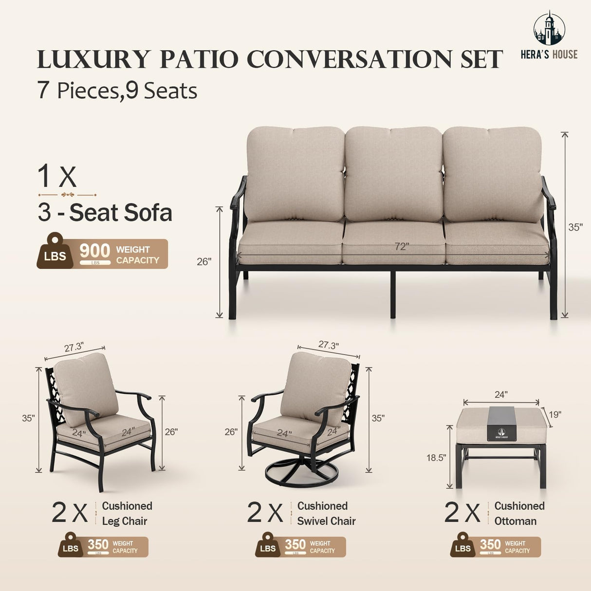 Patio Furniture Set, 2 x Swivel Chair, 2 x Fixed Chair, 2 x Ottoman, 1 x 3-Seat Sofa